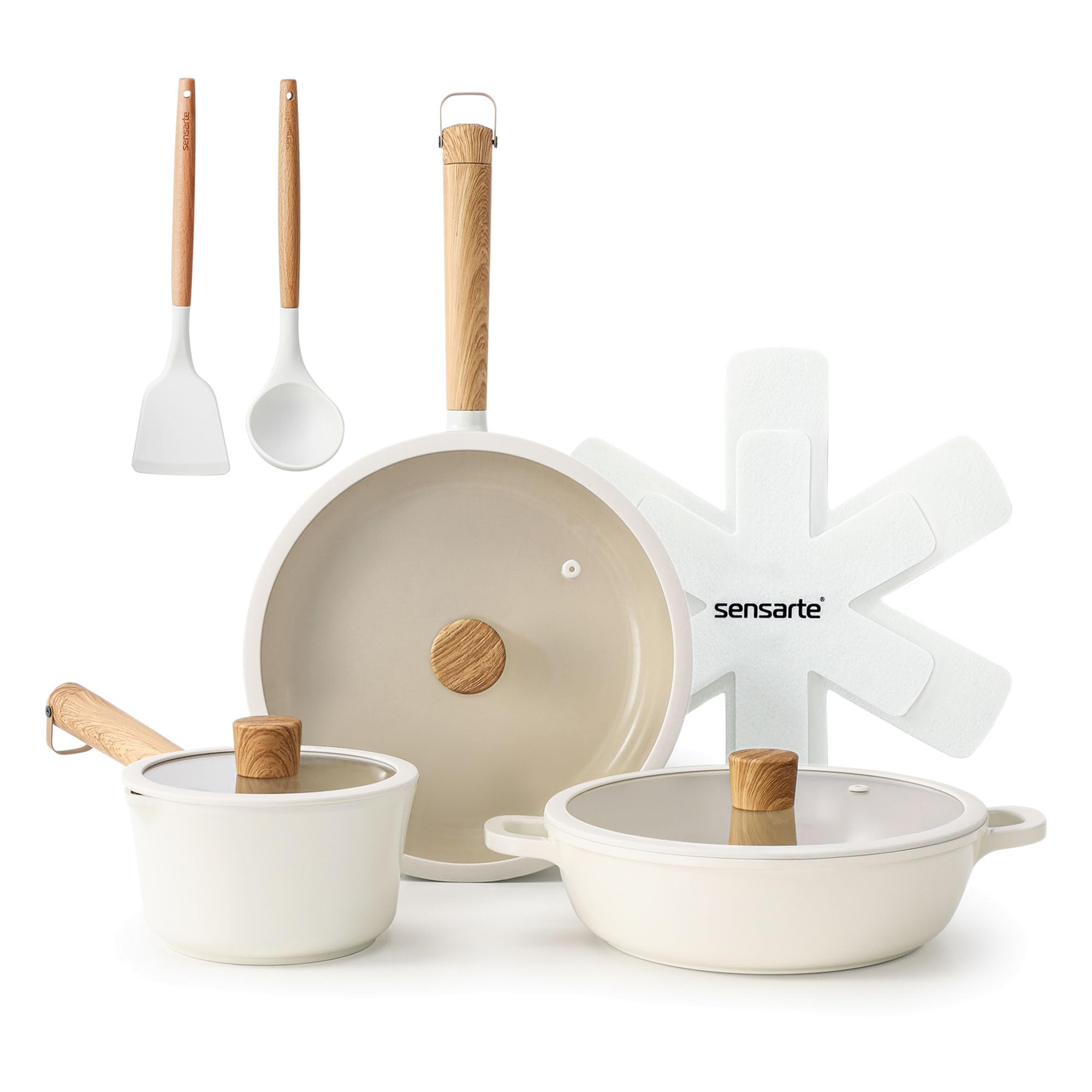 SENSARTE フライパンセット 10点 ih対応 鍋セット 一人暮らし セラミック フライパン26cm すき焼き鍋 片手鍋 くっつかない 蓋付き ギフト PASCAシリーズ