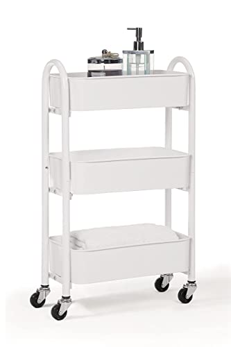 サニーポイント キッチンワゴン ミニ バスケットトローリー キャスター付き スリム オフィス キッチン 移動式 隙間収納 すきま収納 頑丈 小物収納 スチールラック ベビーワゴン (コンパクト,白)