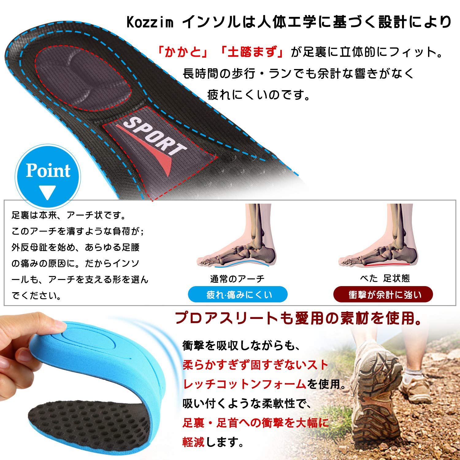 [Kozzim] 抗菌・脱臭 スポンジインソール 柔らかい/通気性/汗を吸収する/脱臭 衝撃...