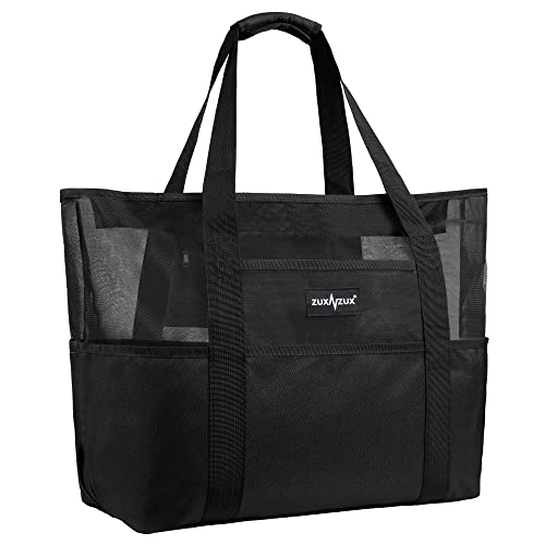 [ZUXNZUX] ビーチバッグ プールバッグ 軽量 38L 大容量 防水 折り畳み可能 メッシュバッグ ビーチ/ショッピング/水泳/ジム/スパ/温泉/旅行用 バッグ(黒の新しい)(4)