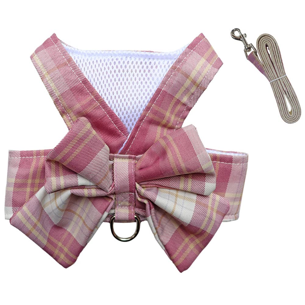 YOASONEK 犬 ハーネス 猫 ハーネス リード 可愛い チェック柄 JK制服 蝶結び メッシュ 通気性 ベスト 犬服 小型犬 猫用 コスチューム 仮装 胴輪 ハーネス おしゃれ リボン 簡単着脱 胸あて式 散歩 ハーネス 引っ張り防止 牽引ロープ リード ペット 小動物用 (M, ピンク)