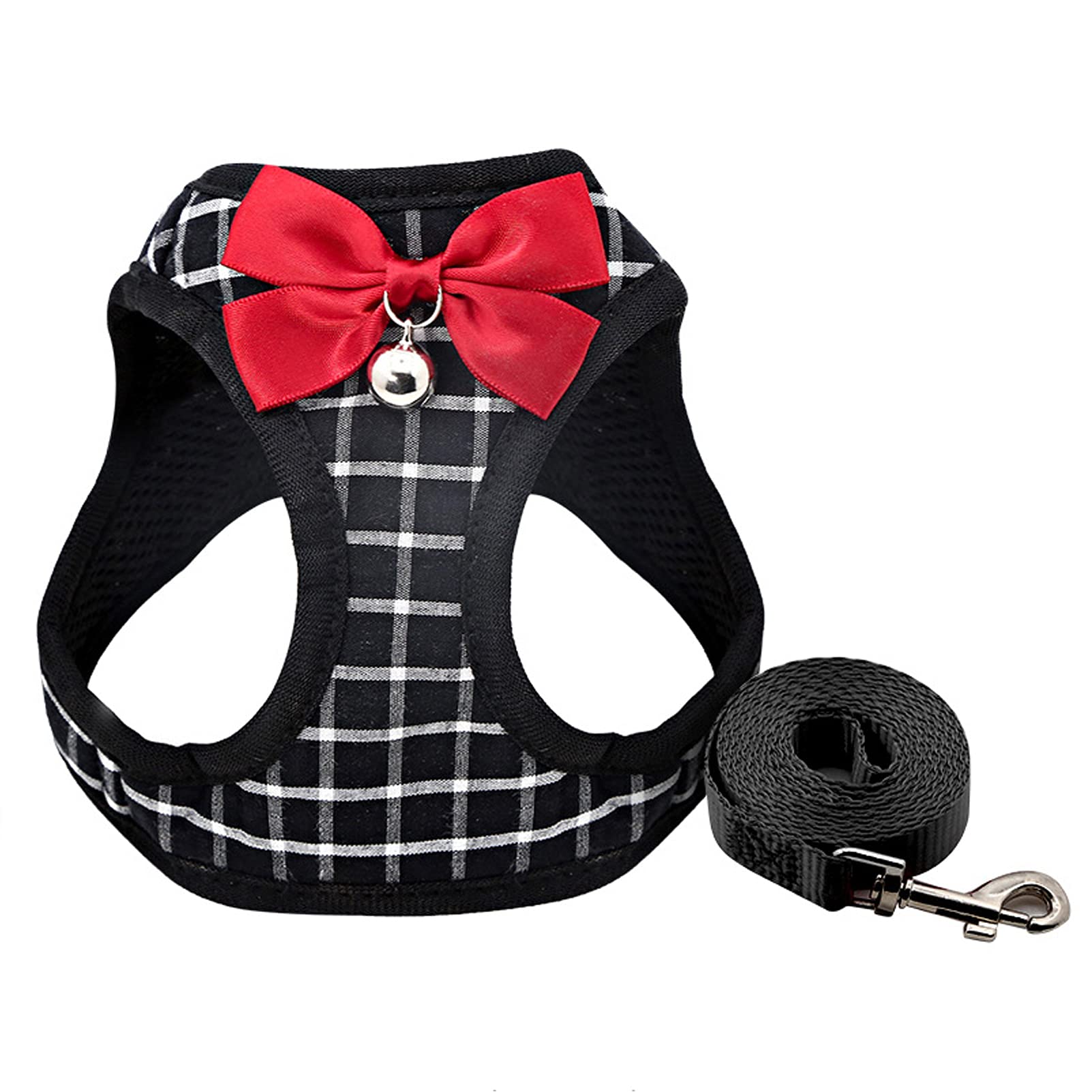 Tibemi 犬 猫 ハーネス リードセット 鈴付き 可愛い 蝶ネクタ 猫用ハーネス 抜けない 胸あて式 牽引ロープ 猫 ハーネス メッシュ ポリエステル製 格子縞 小型犬 猫 はーねす リード 調整可能 お出掛 散歩 簡単脱着式 引っ張り防止 XL 黒