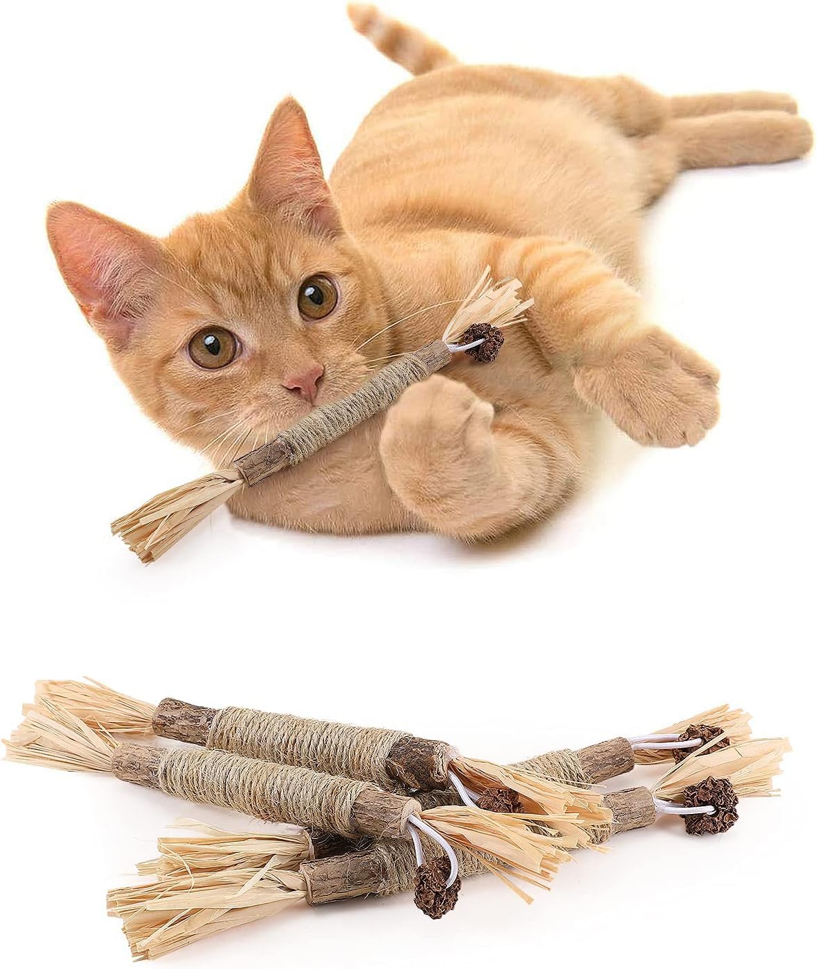PAKESI 猫 噛むおもちゃ 歯磨き 歯ぎしり棒 またたび 天然木 麻縄 4本入り 天然安全 噛むスティック 歯のクリーニング 無毒 肥満解消 運動不足解消 ストレス解消