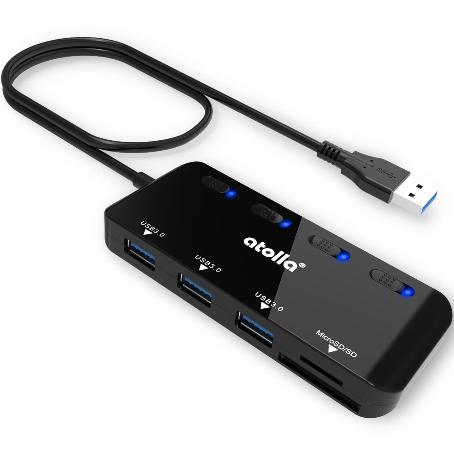 atolla SDカードリーダー USB3.0 カードリーダー USBハブ 5-in-1 USB3.0ポート+SD&TF/microSDカードリーダー 同時読み書き【microSDXC/microSDHC/microSD/SD/SDHC/SDXC/RS-MMC/MMC】UHS-Iカード用 電源スイッチ付き 60cmケーブル USB SD変換アダプタ Windows/Mac OS/Chr