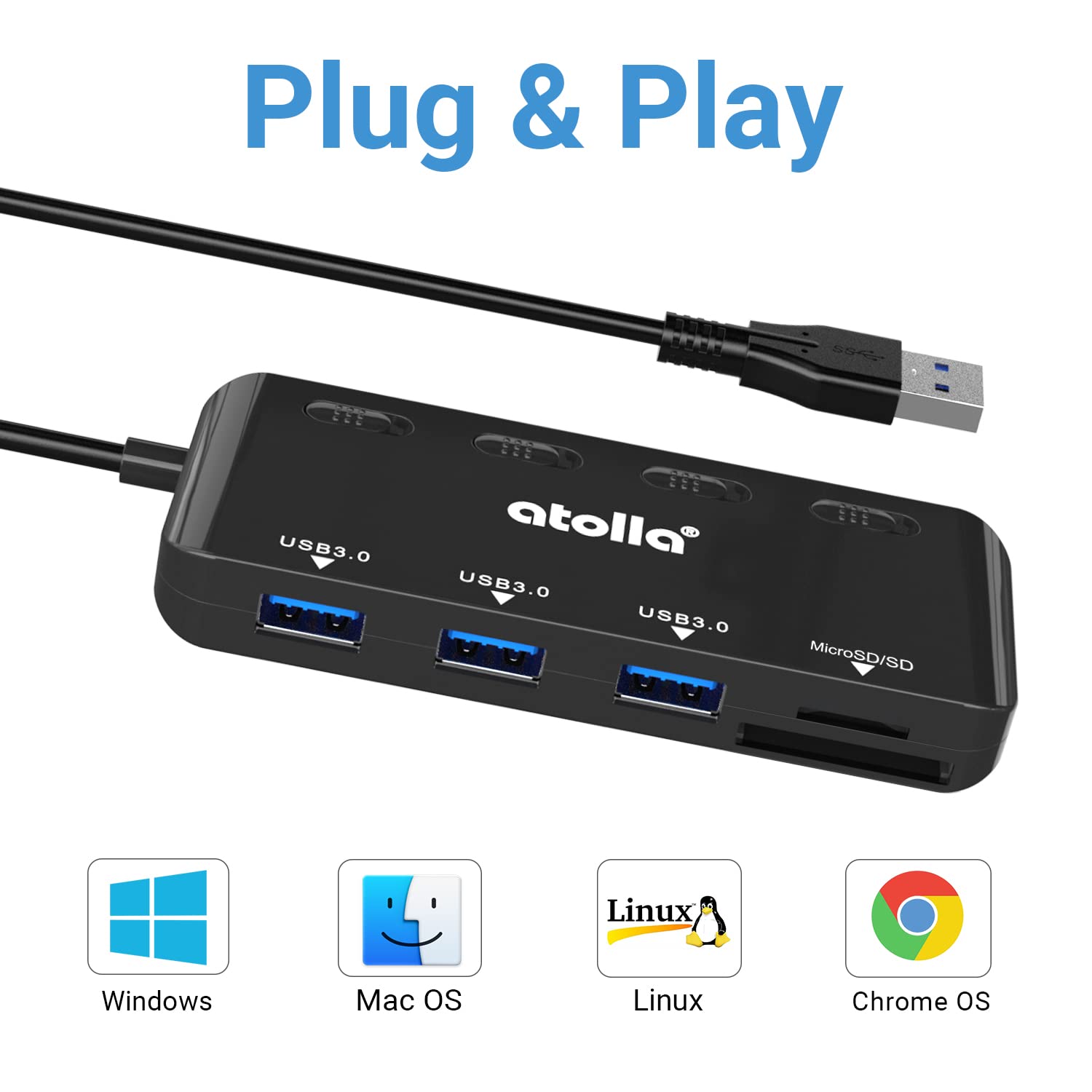 atolla SDカードリーダー USB3.0 カードリーダー USBハブ 5-in-1 USB3.0ポート+SD&TF/microSDカードリーダー 同時読み書き【microSDXC/microSDHC/microSD/SD/SDHC/SDXC/RS-MMC/MMC】UHS-Iカード用 電源スイッチ付き 60cmケーブル USB SD変換アダプタ Windows/Mac OS/Chr