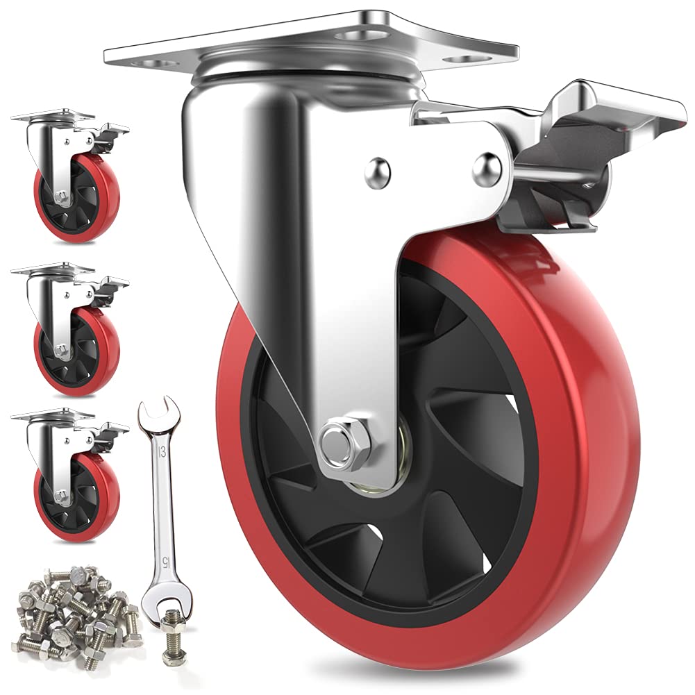 COOWOO 5インチ キャスター 4個セット 車輪 ブレーキ付き 高耐久性 単個耐荷重200kg 360度回転 静音 ミュートシリーズDIY家具交換キット ホイール径125mm 赤