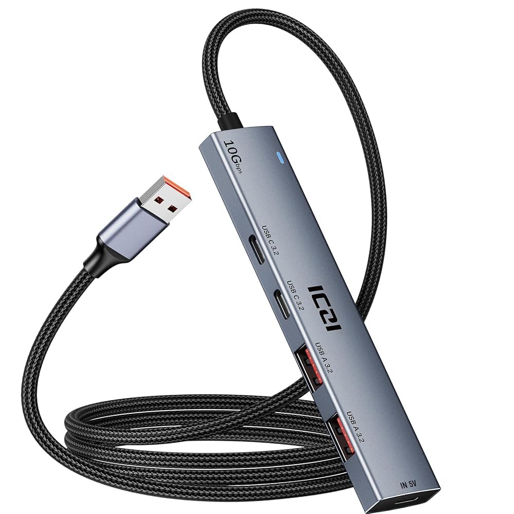 ICZI USB ハブ 10Gbps 【2*USB-C+2*USB-Aポート】 USB 3.2 Gen 2 USBハブ(USB3.1 Gen 2) 120CM編組ケーブル アルミ製 給電ポート付き バスパワー/セルフパワー両用 軽量 コンパクト スリム設計Macbook、iMac、mini PC、 Surface Pro、Chromebook用 テレワーク/リモート/