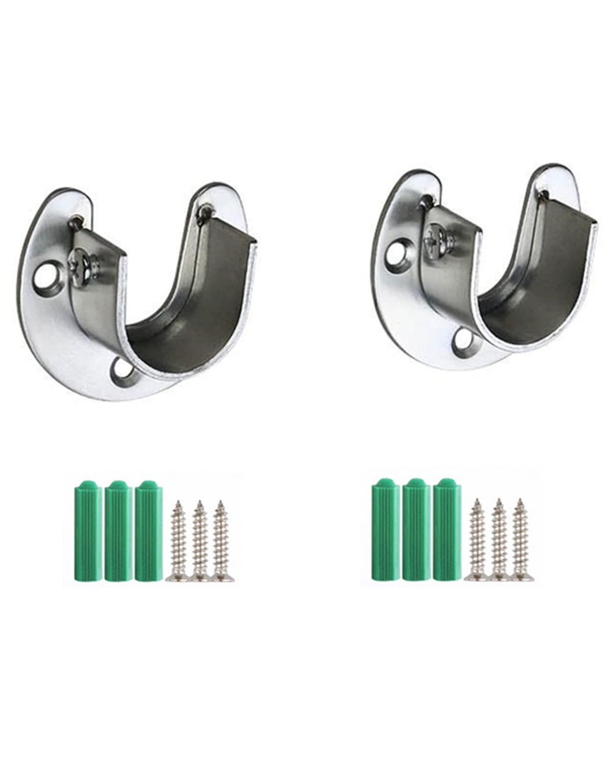 LIKENNY 金具 U字型 フランジロッドホルダー フランジソケット 固定 ネジ付 ステンレス鋼 クローゼットポールソケット( 2個セット、シルバー)