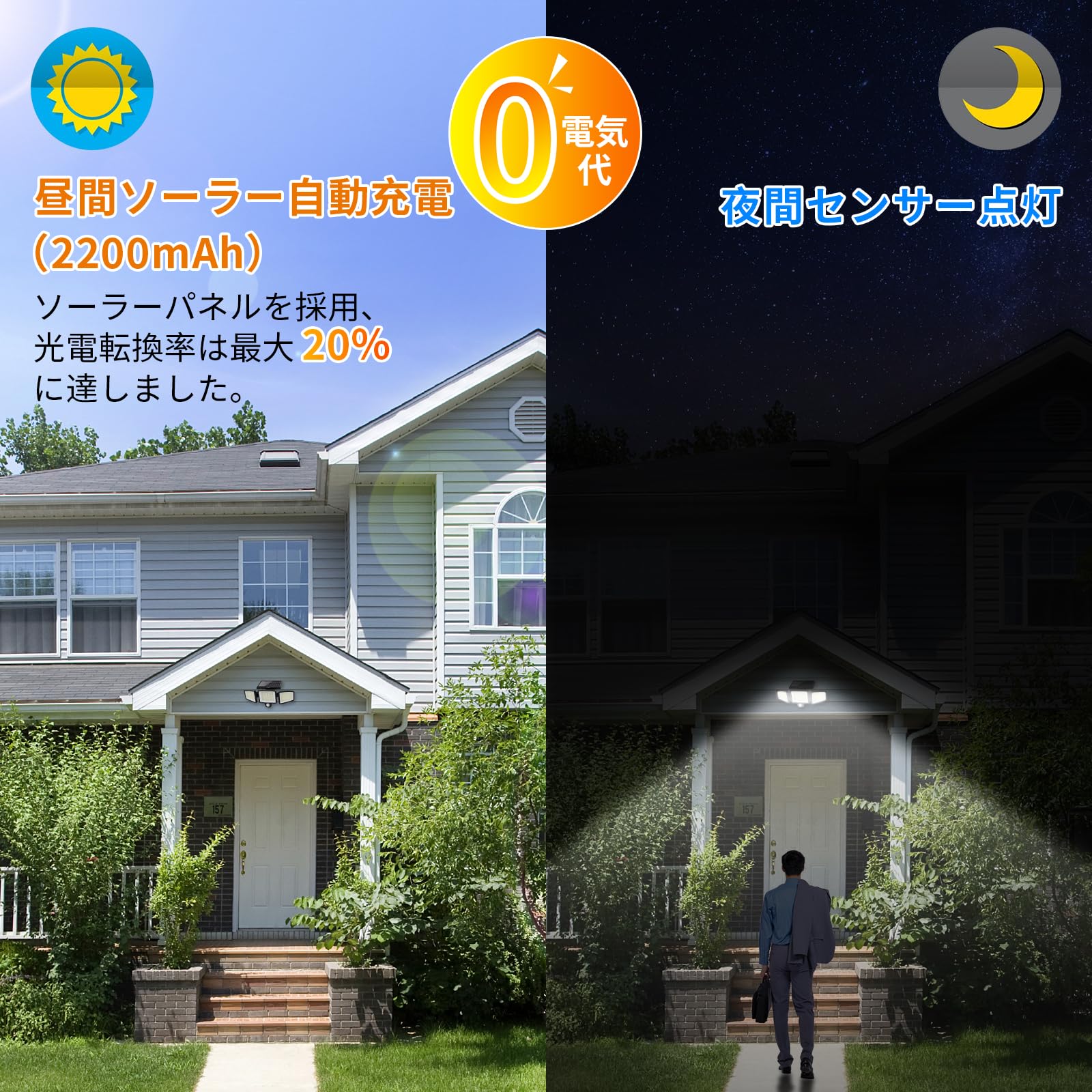 アセキ ソーラーライト 屋外 防水 センサー 2個セット【210LED 3面発光 光束最大2500ルーメン】3つ知能モード 2200mAh大容量電池 高輝度 人感センサー 360°角度調整可能 防犯 自動点灯/消灯 ガレージ/ガーデン/壁掛け/庭先/表玄関/駐車場/停電時適用 防災 地震 津波 台 thrsparkle-10057194 THRSparkle サンプル画像3