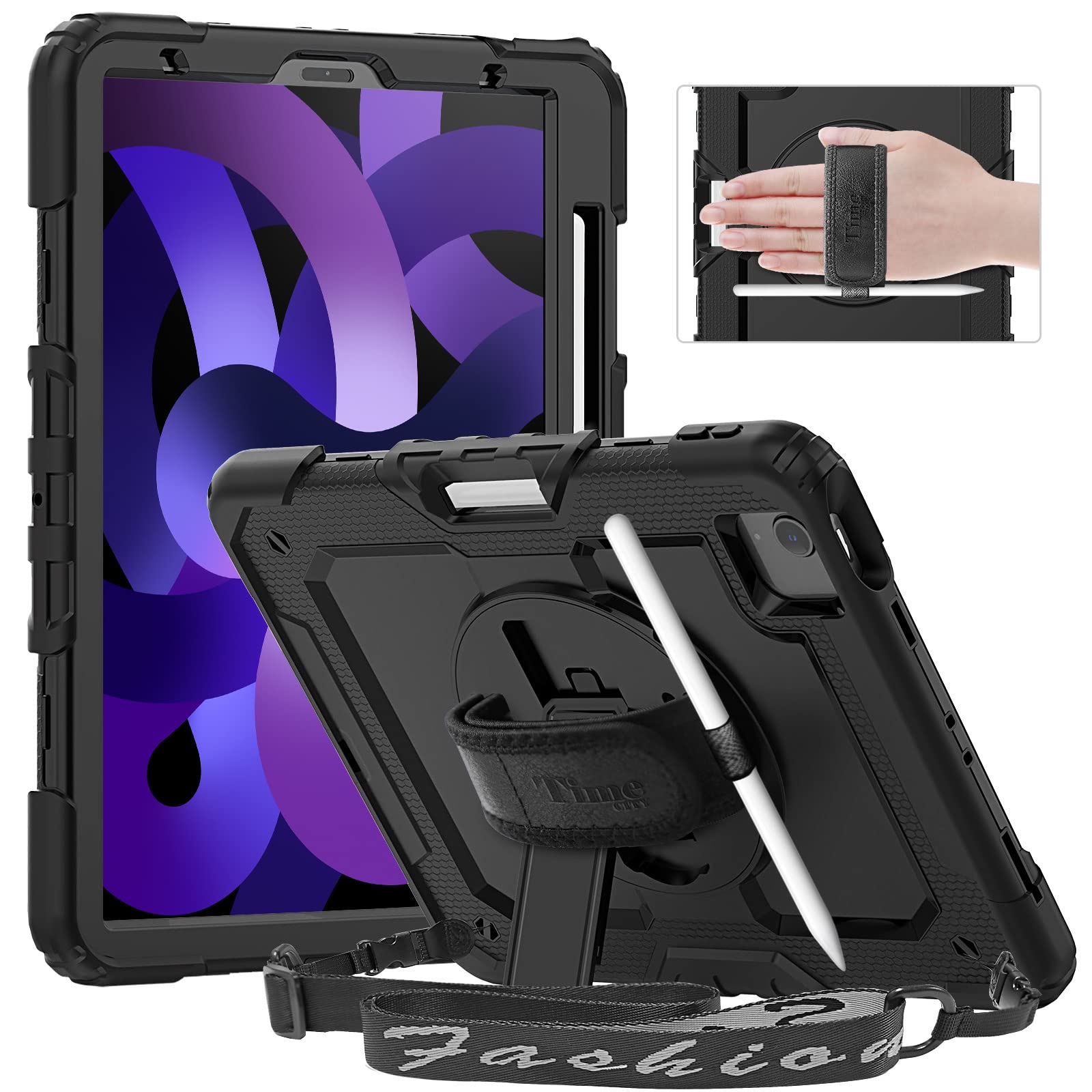 Timecity iPad Air 第5世代 ケース (2022モデル) 耐衝撃 iPad Air 第4世代 ケース (2020) 三層保護 頑丈 360°回転スタンド 画面保護フィルム ショルダーストラップ&ハンドストラップ ペン収納付き Pencil2対応 傷防止 現場 子ども 多機能 iPad Air5/ Air4 10.9インチ ケ