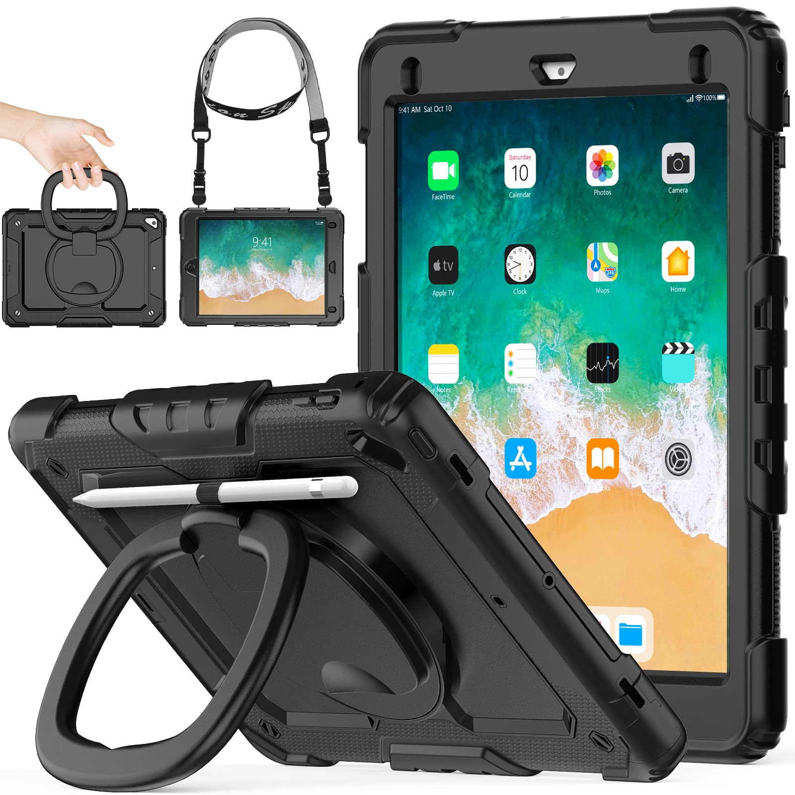 SEYMAC stock iPad 無印 第6世代/第5世代 9.7インチ(2018/2017) / Air2 / Pro 9.7 ケース リングハンドル耐衝撃ケース ペン収納 ショルダーストラップ 保護フィルム付きフレーム（ブラック）