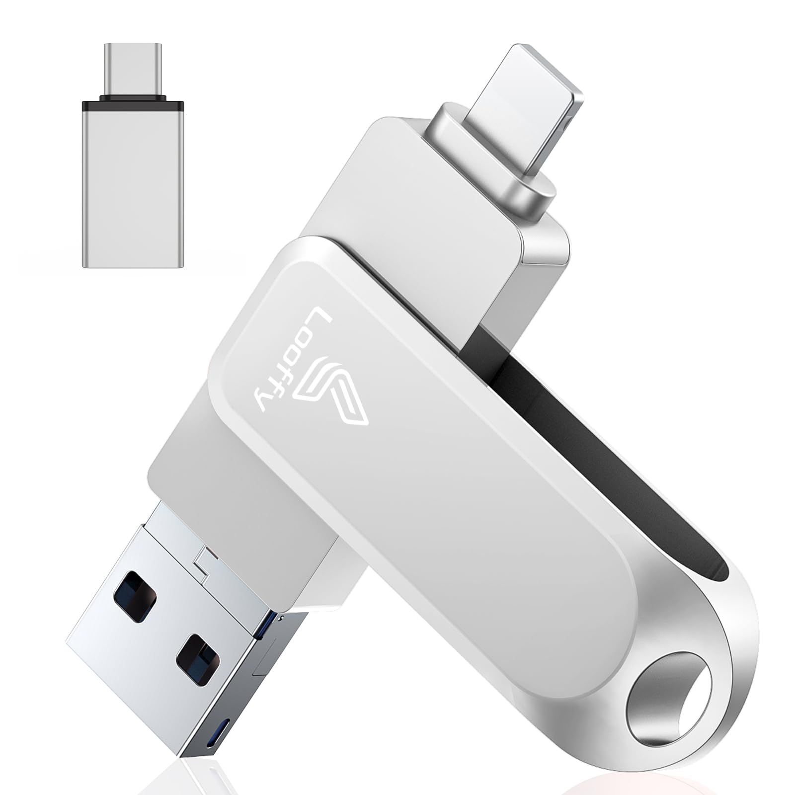 【アプリ不要】4in1 iPhone対応 USBメモリ 128GB iPad対応 usbメモリー USB3.0 高速 データ バックアップ iOS/USB/Type-C/Micro USB搭載 外付け usb 写真保存 Phone/iPad/PC/Android/Mac対応 回転式 シルバー Phone 15 Pro /14 /13 /11 /XR/iPad Pro/Airなど対応
