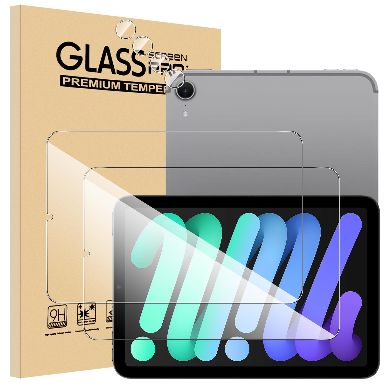 【6枚セッ】For iPad Mini7 ガラスフィルム(2枚)+カメラフィルム（4枚） Mosasa iPad Mini 第7世代 フィルム 衝撃吸収 9H硬度 飛散防止 2.5Dラウンドエッジ 自動吸着 気泡ゼロ 高透過率 高感度 iPad Mini（A17 Pro） 対応