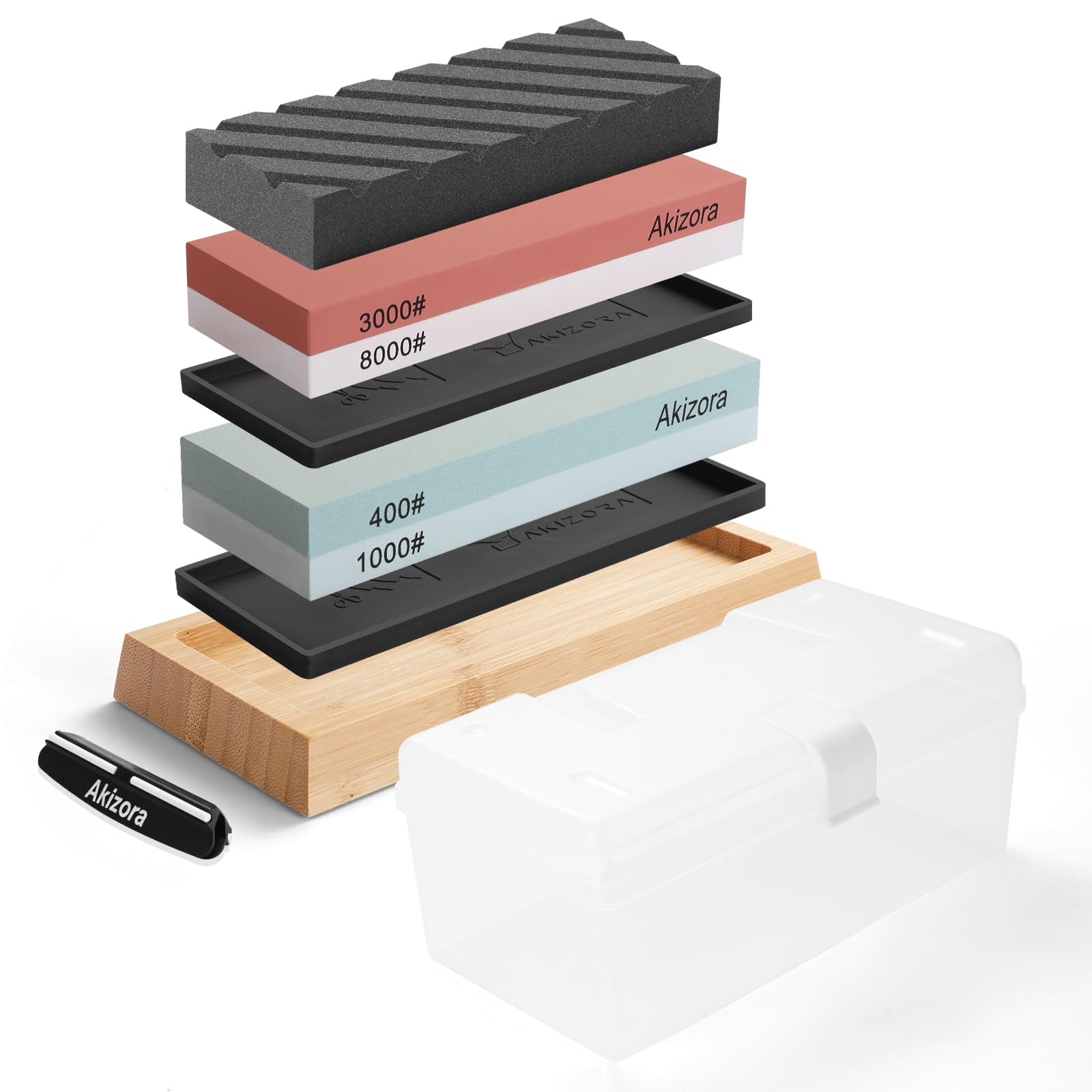 Akizora 砥石 包丁研ぎ石 400 1000 3000 8000 両面砥石セット 面直し付き 角度固定ホルダー付き 強力滑..