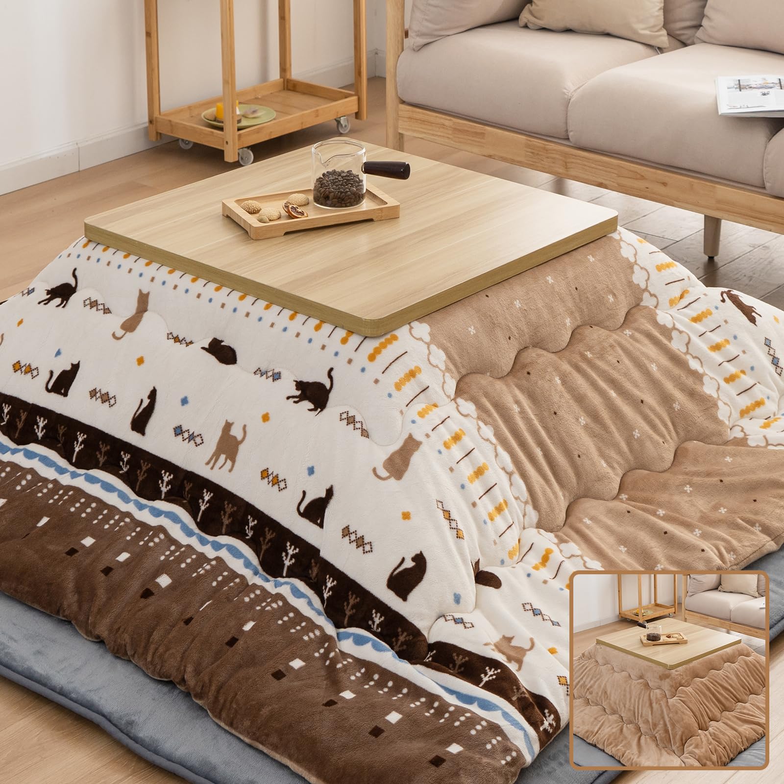 Matdeco こたつ布団 正方形 こたつ掛布団 190×190cm リバーシブル あったか コタツ布団 フランネル生地 蓄熱わた使用 厚手 マイクロファイバー 冬用 保温性 ふわふわ 両面使える 抗菌 防臭 静電気防止 北欧 ねこ・ベージュ