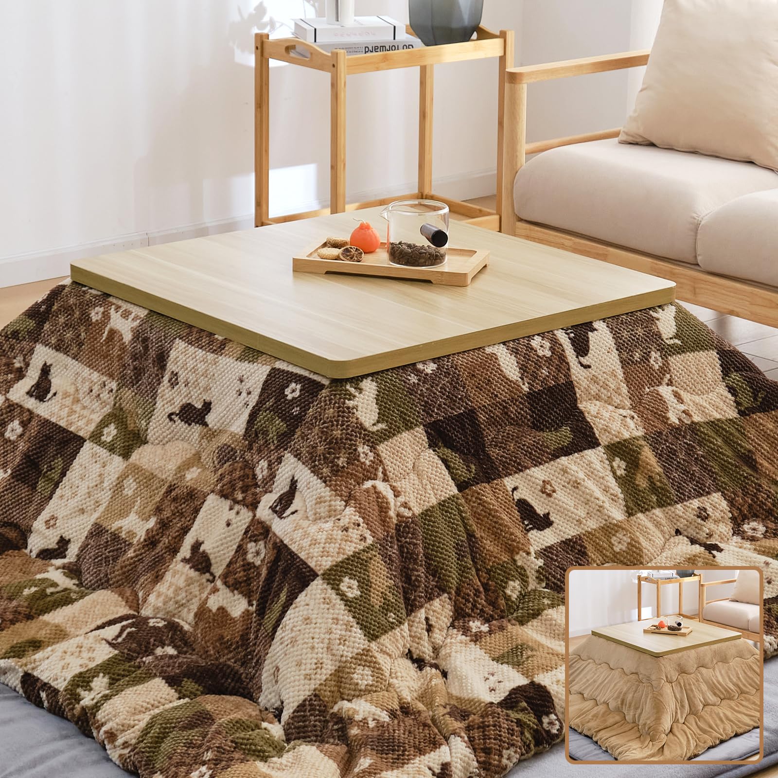 Matdeco こたつ布団 正方形 こたつ掛布団 190×190cm リバーシブル あったか コタツ布団 フランネル生地 蓄熱わた使用 厚手 マイクロファイバー 冬用 保温性 ふわふわ 両面使える 抗菌 防臭 静電気防止 北欧 ボアタイプ ねこ・モカ