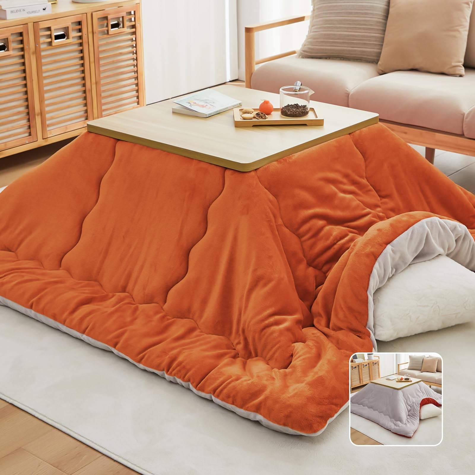 OIGAE こたつ布団 長方形 コタツ布団 185×235cm 掛け単品 洗える こたつふとん リバーシブル 発熱綿を使用 SEK抗菌防臭 静電気防止 撥水加工 暖かい フランネル 保温 毛抜けない 冬用 コタツふとん 無地両面・オレンジ＆グレー