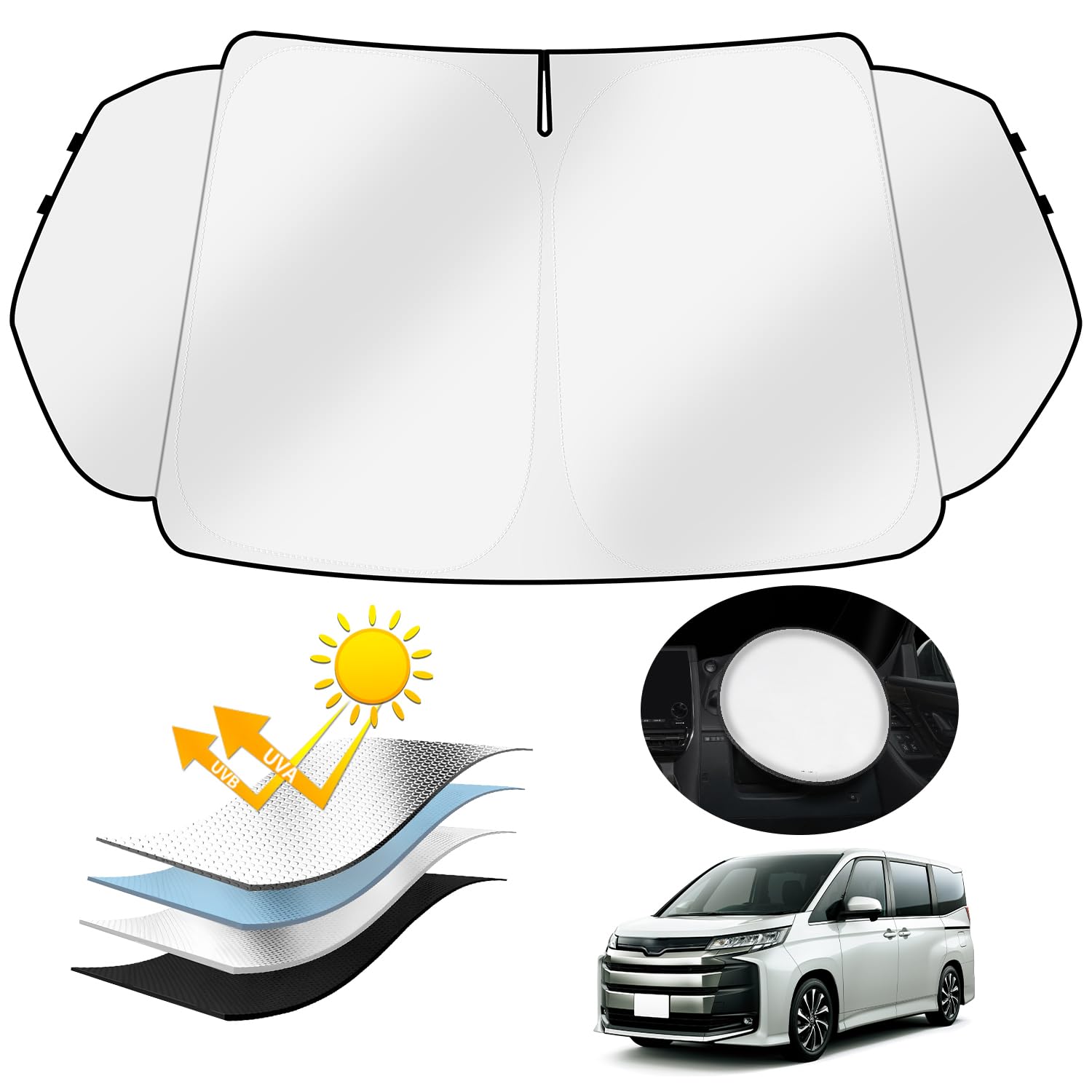AUTO SPEC トヨタ 新型 ヴォクシー ノア 90系 サンシェード フロント&三角ガラス一体式 TOYOTA NOAH VOXY R90W型 2022年1月~現行 UVカット 高密度生地 日焼け防止 劣化防止 断熱 簡単着脱 折り畳み式サンシェード 収納袋付き 内装パーツ 車用品 (トヨタ 新型ヴォクシー