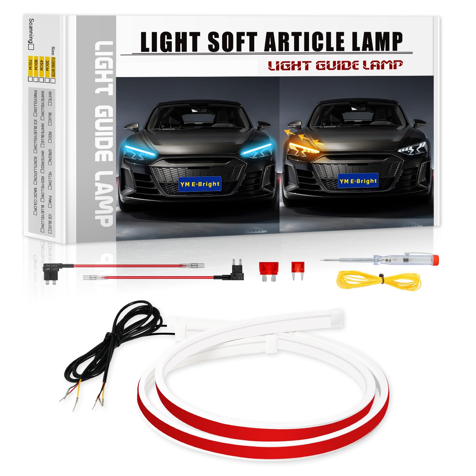Rakuten - シーケンシャル流れる LEDテーププライト 車用 12V ウインカー ディライト 極薄 2色切替 防水 車種問わず装着可能 側面発光 高輝度 シリコン 柔らかい 60CM 2本セット アイスブルー/アンバー切替