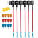 KILIGEN 6個の12V 24V標準回路追加ヒューズタップ、熱収縮端子付き、ATSミディアムピギーバックブレードヒューズホルダー、ワイヤーハーネス付き、6個の標準ヒューズ(5A/10A/15A)およびヒューズプラー