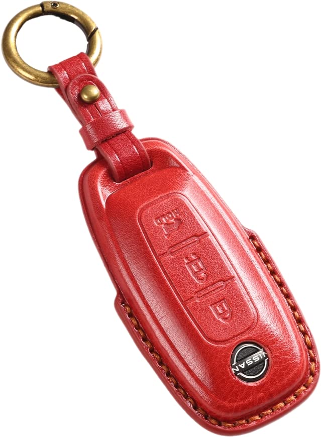 【smasol】新型 エクストレイル T33系 キーカバー 本革 日産 サクラ スマートキーケース 日産 アリア キックス e-power 2024年 最新 キーケース (3D高級本革 / 3ボタンB レッド)