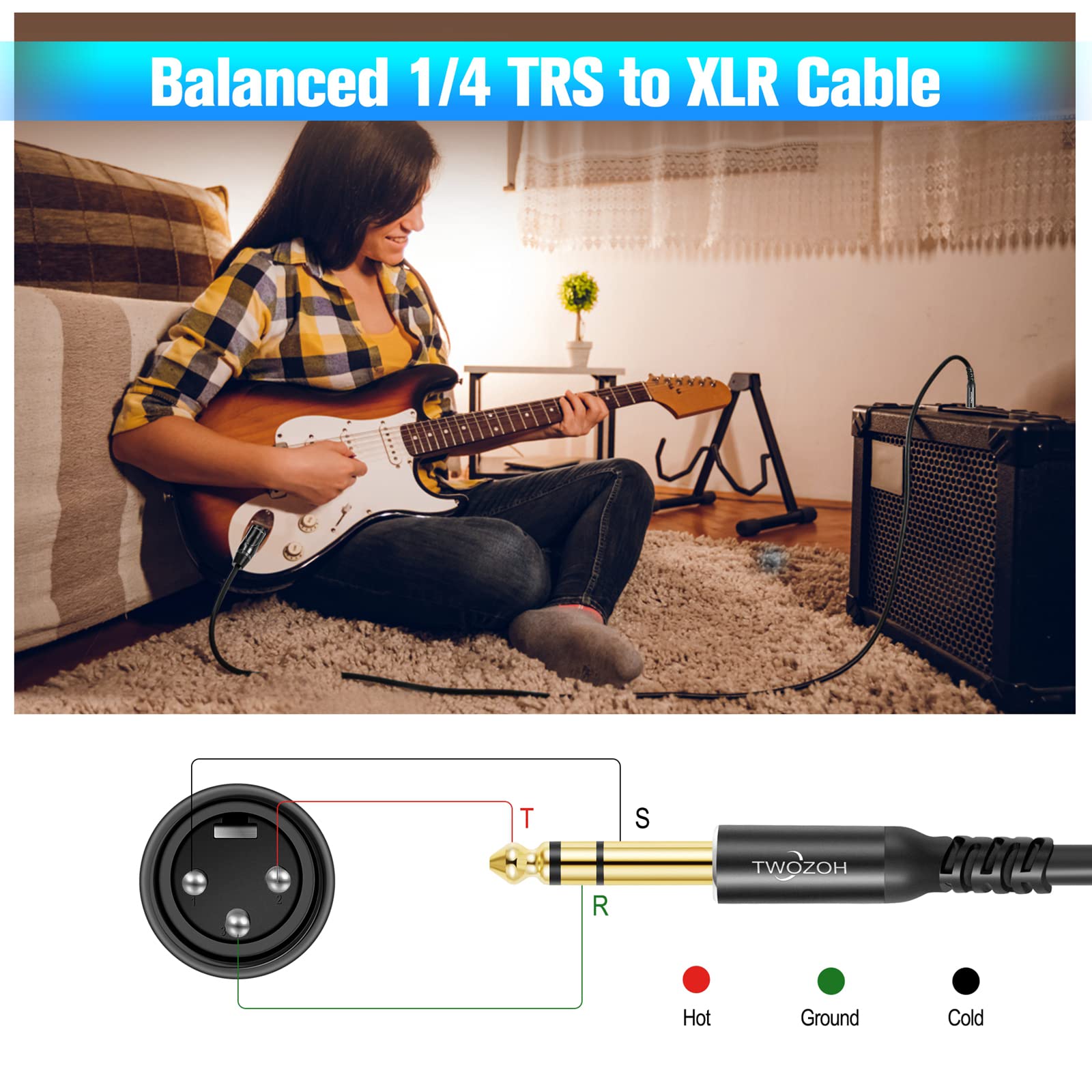 Twozoh XLRオス - 6.35mmジャックTRSケーブル 10M 2本入り バランス1/4インチプラ...