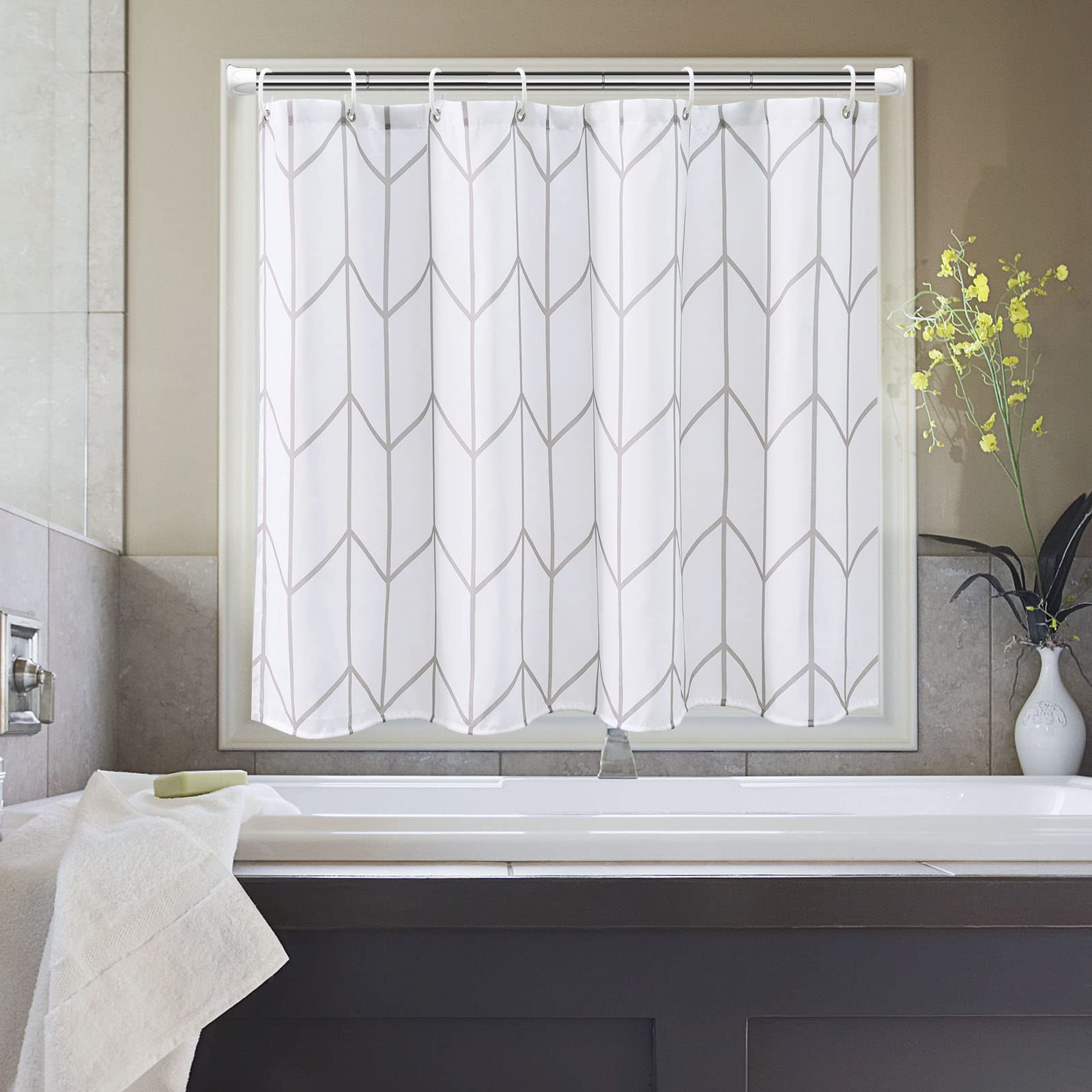 AooHome シャワーカーテン 小窓 目隠し 防水 短め 防カビ ユニットバス 浴室窓 お風呂窓 80cm丈 カフェカーテン 間仕切り リング付き 洗濯可 取付簡単 ストライプ ホワイト