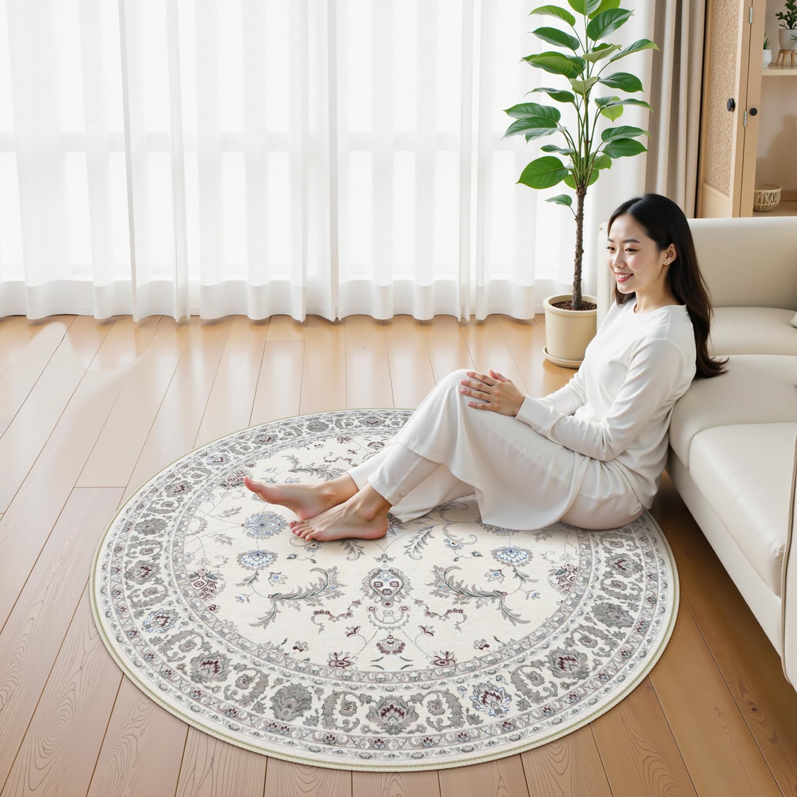 HAOCOO ラグ 円形 140cm ペルシャ風 ラグマット 洗える オールシーズン適用 花柄 約1.5畳 滑り止め ホットカーペット対応 防音 耐磨耗性 軽量 抗菌防臭 リビング ダイニング アンティーク シェニール カーペット オフホワイト