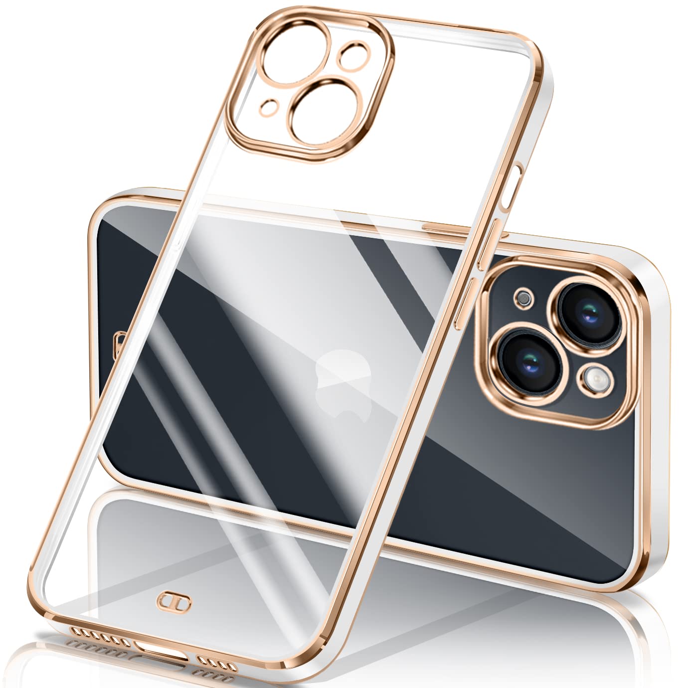 iPhone14 ケース クリア 透明 アイフォン14 カバー メッキ加工 耐衝撃 TPU ソフト 薄型 軽量 ストラップホール付き 落下防止 ワイヤレス充電(ホワイト)