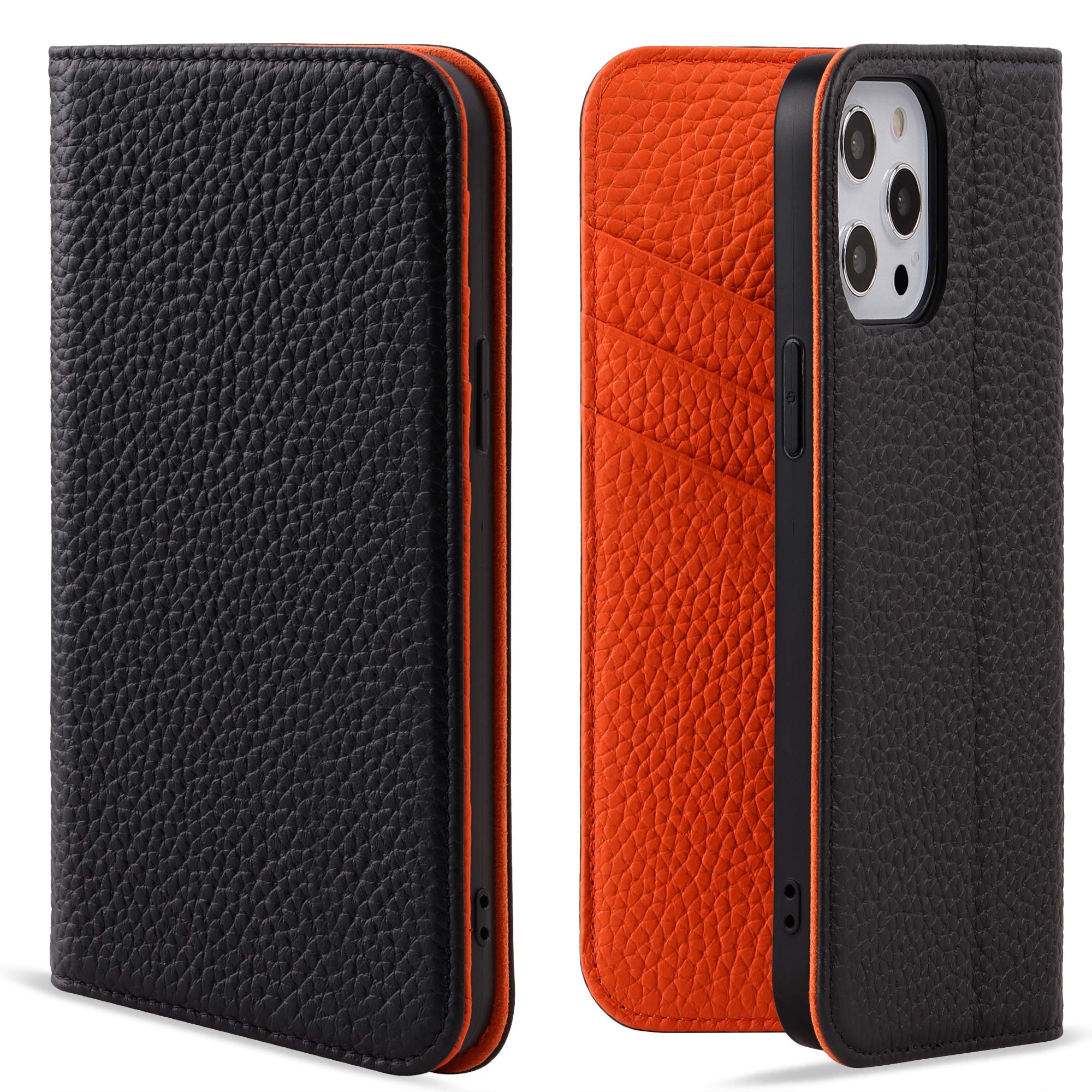 VISOUL iPhone12 Proケース レザー アイフォン12 プロ 手帳型 本革 レザー スマホケース カード収納 携帯ケース 全面保護 マグネット 横置きスタンド iphone 12Pro/12対応 6.1インチ シュリンクレザー オレンジ