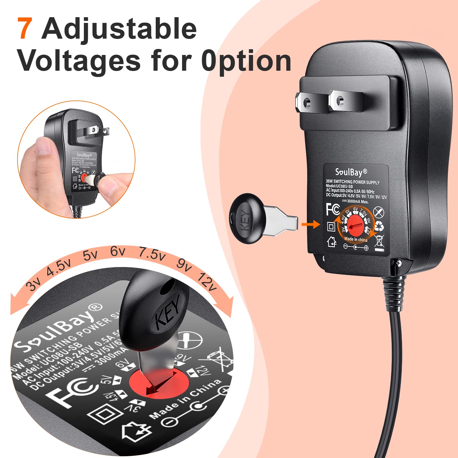 SoulBay 36W 3V 4.5V 5V 6V 7.5V 9V 12V��˥С�����AC / DC�����ץ������å����Ÿ����Ŵ� �������Żҵ����ѥ��ͥ���8���դ� - ����3000mA