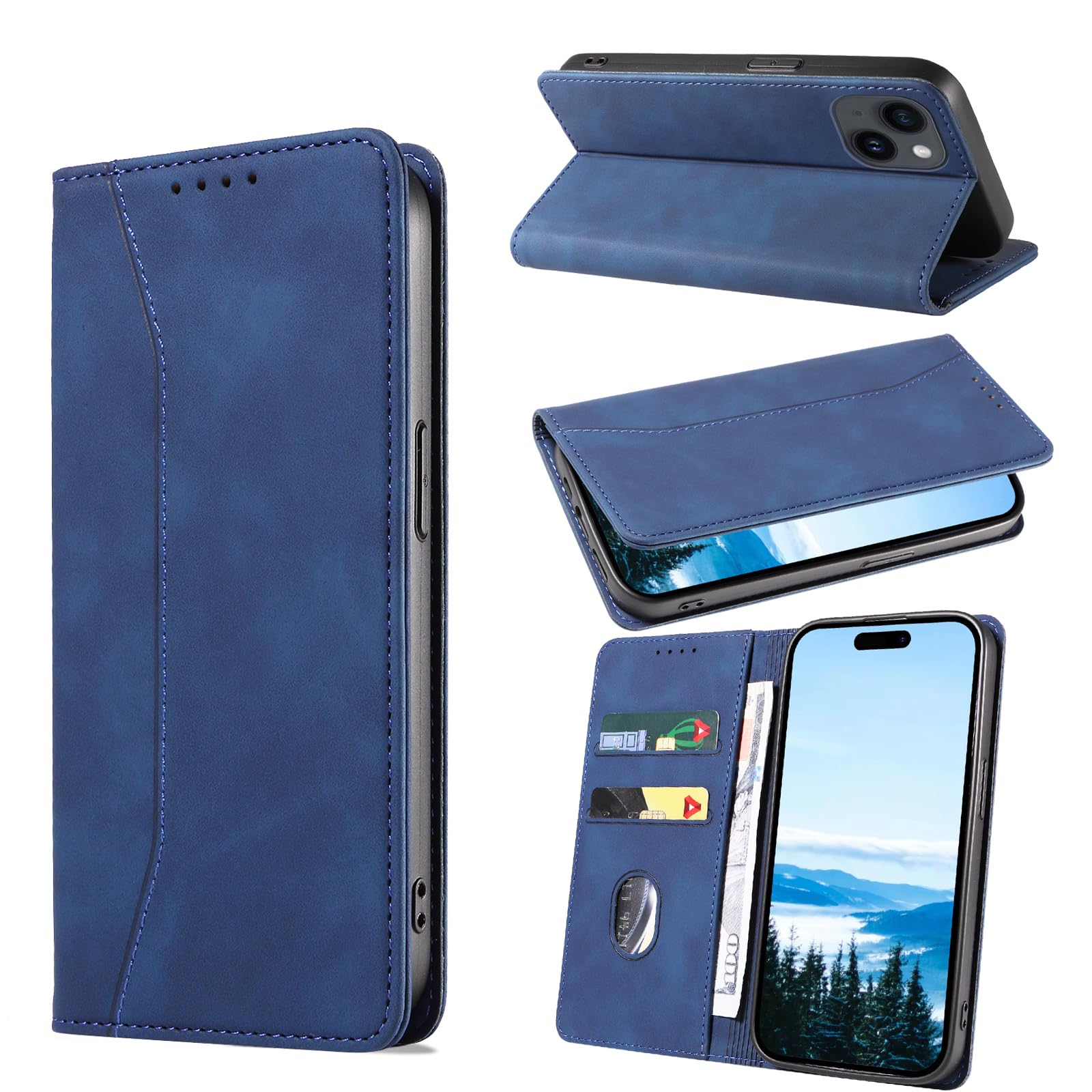 KWATUNG アイフォン 15 ケース 手帳型 おしゃれ iPhone 15 手帳型ケース 肌感レザー iPhone 15 カバー 内蔵マグネット耐衝撃 iphone15 スマホケース 手帳型 カード収納 スタンド機能 あいふぉん15ケース手帳型 全面保護 アイフォン 15 手帳型 ケース 6.1インチ ブルー