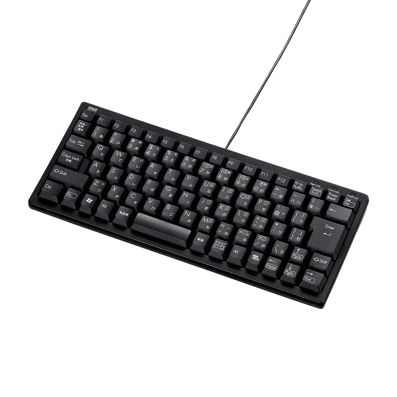 商品情報商品の説明●テンキー部分を取り除き、文字入力だけに特化したコンパクトキーボードです。 ●キーピッチはスタンダードキーボードと同じ19mmキーピッチです。 ●文字の耐久性に優れたレーザー印刷を採用しています。 ●使用しない時はキーボードを立てて収納できます。 ●キートップは標準的な深い押し心地のメンブレンタイプです。 ●USB-PS/2コネクタ付。USB接続でもPS/2接続でも使用できます。 ●よく使う「ENTER」キーを大型化しました。 ●ケーブルの取り回しに便利なケーブルを固定する溝付きです。（左、右、中心の三方向に固定可能です） ■カラー：ブラック ■キー数：86キー ■キーピッチ：19mm ■キー表示：日本語 ■インターフェース：USB（Aタイプコネクタ）、PS/2コンボタイプ（ミニDIN 6pinオス） ■キーストローク：3.8±0.3mm ■動作力：55±10g ■キースイッチ：メンブレン ■消費電流：100mA以下 ■サイズ：W306.4×D129.1×H27.4mm ■重量：370g ■ケーブル長：1.5m主な仕様 テンキー部分を取り除き、文字入力だけに特化したコンパクトキーボードです。brキーピッチはスタンダードキーボードと同じ19mmキーピッチです。br文字の耐久性に優れたレーザー印刷を採用しています。br使用しない時はキーボードを立てて収納できます。brキートップは標準的な深い押し心地のメンブレンタイプです。brUSB-PS/2コネクタ付。USB接続でもPS/2接続でも使用できます。brよく使う「ENTER」キーを大型化しました。brケーブルの取り回しに便利なケーブルを固定する溝付きです。（左、右、中心の三方向に固定可能です）