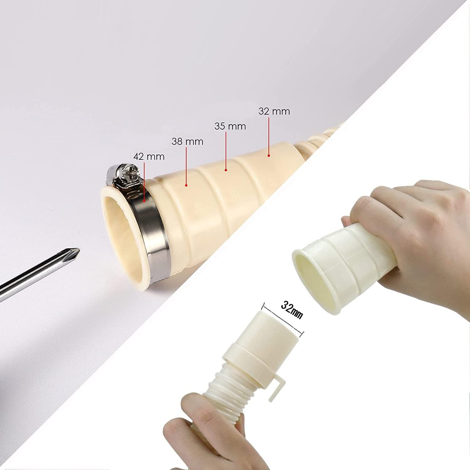 洗濯機排水ホース 洗濯機用ホース 延長ホース PVC ホースクランプ付き ワンタッチ接続 洗濯機専用 抜け防止 取付簡単 ホール直径32-42mm (1m) 2