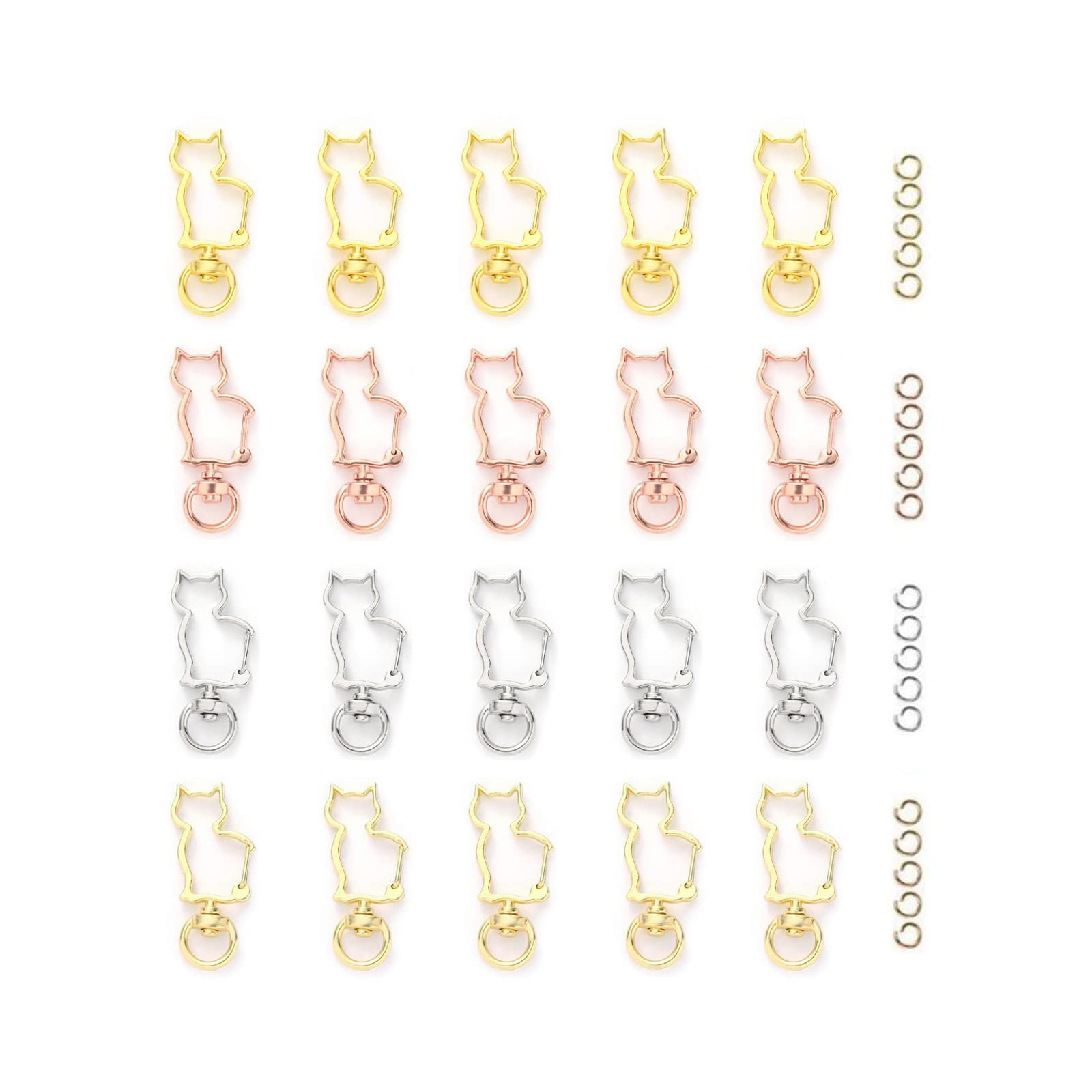 YFFSFDC キーホルダー金具 20個 回転カン付き ワンタッチキーホルダー カワイイ DIY用パーツ 手作り キーリング シルバー ゴールドなど4色 (猫の...