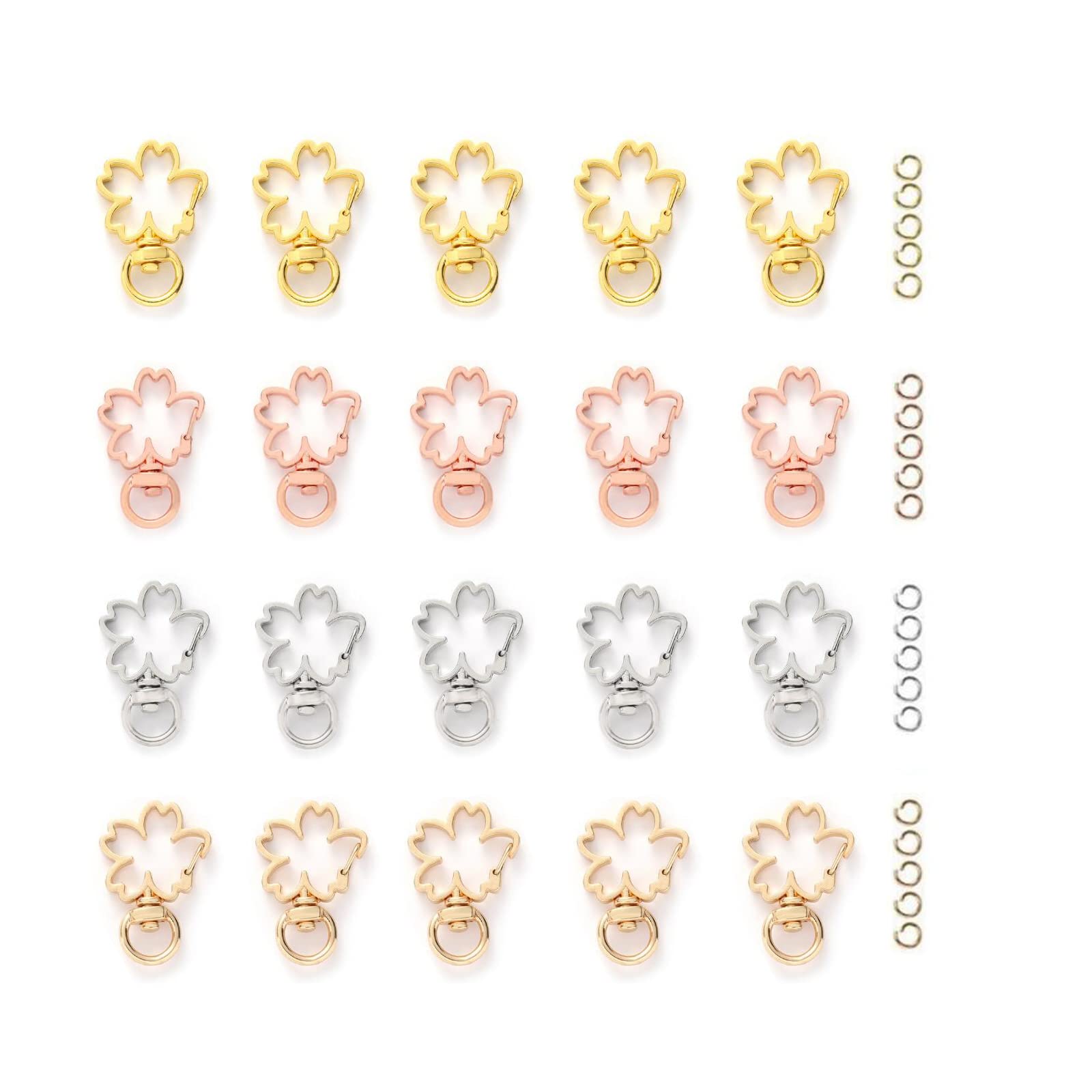 YFFSFDC キーホルダー金具 20個 回転カン付き ワンタッチキーホルダー カワイイ DIY用パーツ 手作り キーリング シルバー ゴールドなど4色 (花キ...