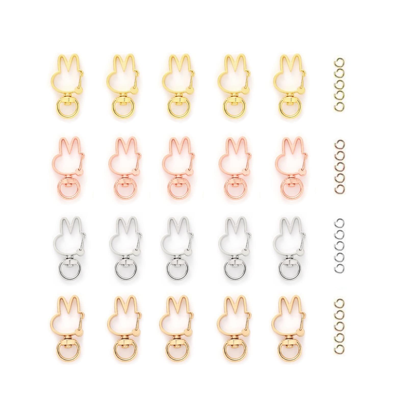 YFFSFDC キーホルダー金具 20個 回転カン付き ワンタッチキーホルダー カワイイ DIY用パーツ 手作り キーリング シルバー ゴールドなど4色 (兎キ...