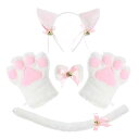 YFFSFDC 猫耳カチューシャ ねこ コスチューム 4点セット コスプレ 小物 チョーカー 肉球手袋 しっぽ 蝶結び 鈴設計 可愛い ハロウィン 仮装小物 (ホワイト)