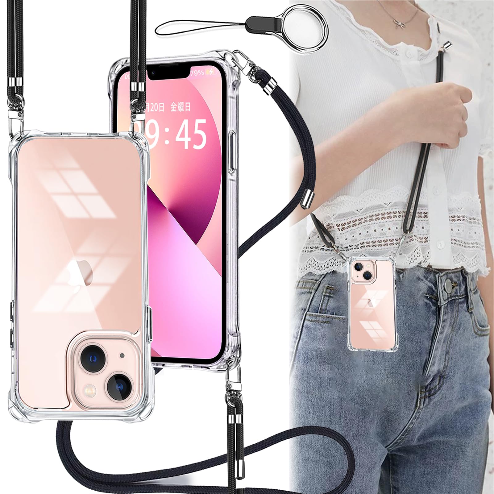 Rakuten - OJBSEN いphone13mini ケース iphone13miniケース アイフォン 13ミニカバー【ストラップ2枚付き】調節可能な ショルダー 肩がけ 首掛け 紐付き 斜めがけ ストラップホール付き 薄型 透明 軽量 シリコン TPU バンパー [耐衝撃 全面保護 米軍MIL規格 防指紋] MagSafe ワイ