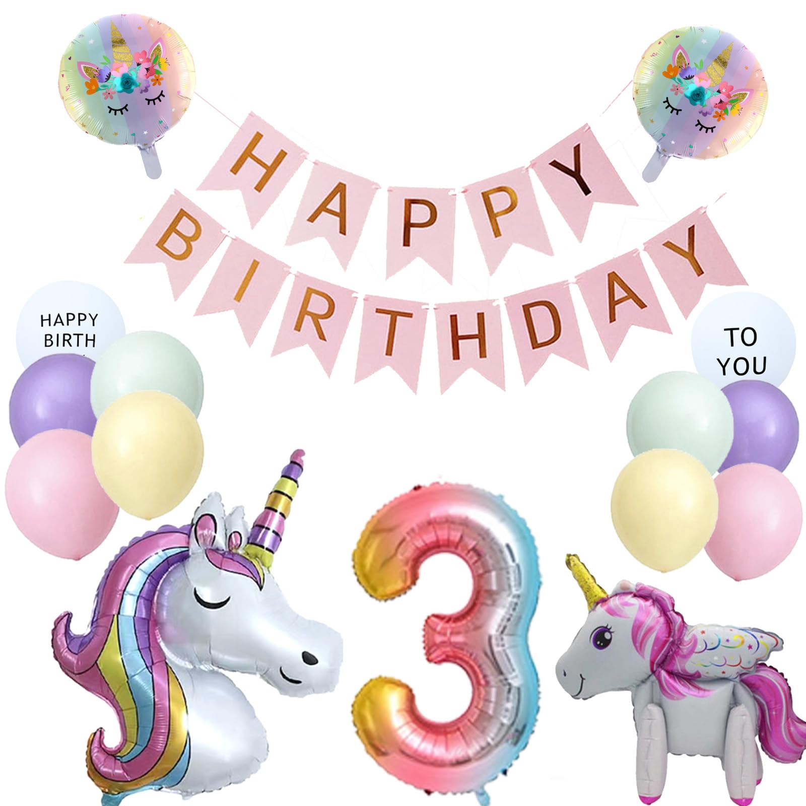 ユニコーン 誕生日 バルーン 風船 3歳 女の子 誕生日 飾り付け ユニコーンバルーン HAPPY BIRTHDAY ガーランド 数字 バルーン 3 バースデー パーティー デコレーション セット シンプル 装飾 キッズバースデーキット お祝い 写真背景 インスタ映え 子供 カワイイ