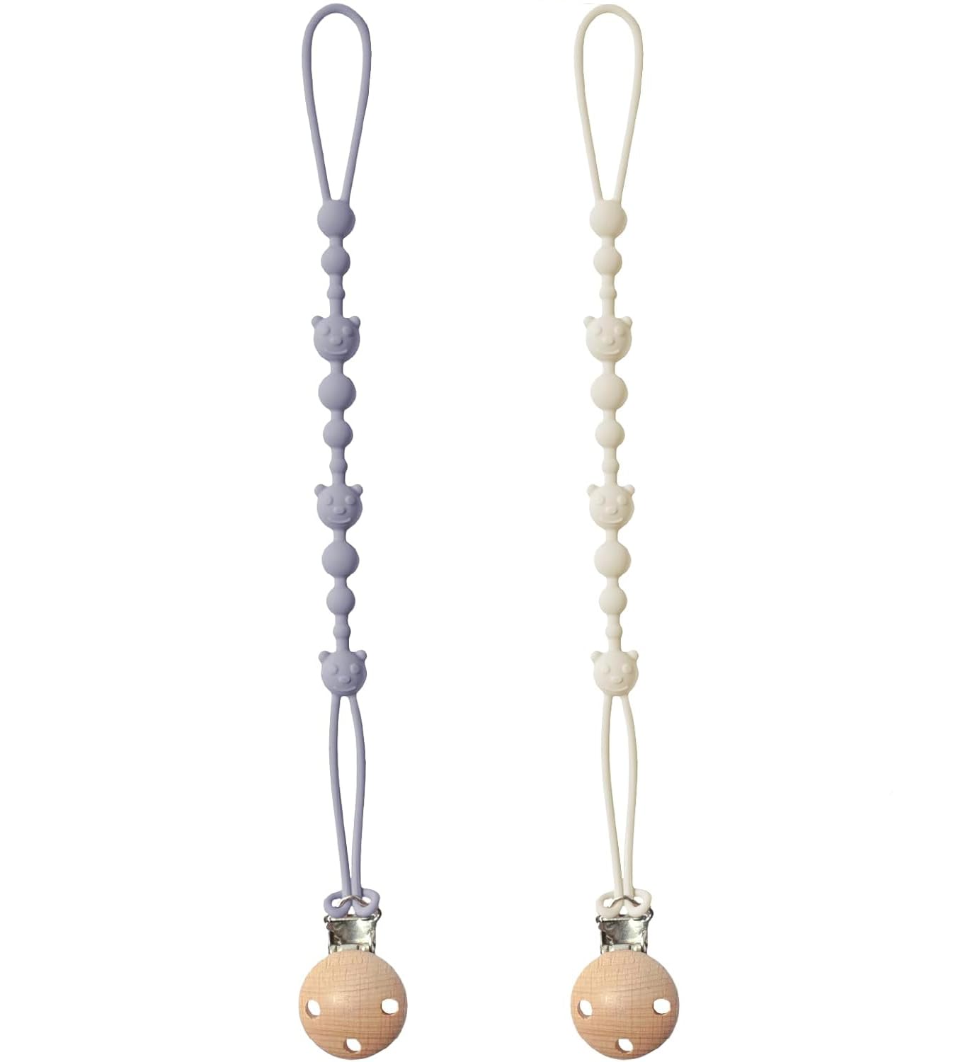 LIKENNY おしゃぶりホルダー 2本セット シリコン製 おしゃぶりストラップ 木製 錆びない クリップ 臭わない 洗える お手入れ簡単 男の子 女の子用 落下防止なトイホルダー (くまちゃんシリーズ, ブルー&ホワイト)