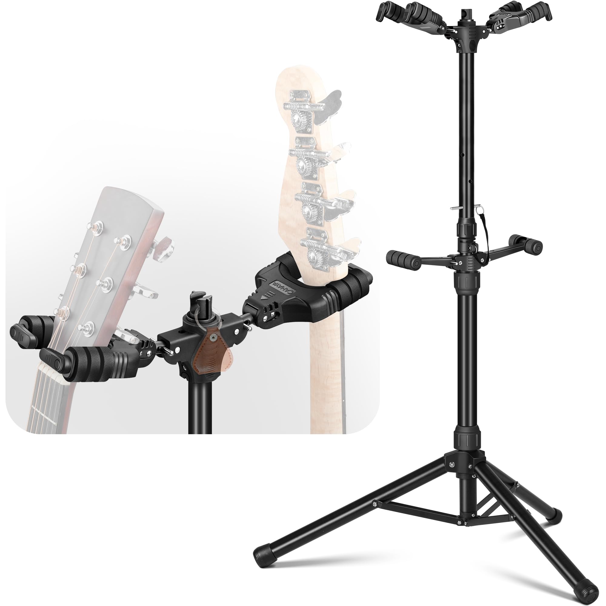 CAHAYA ダブルヘッド オートロック ギタースタンド 折りたたみ 三脚 立てかけタイプ 自動重力ロック 安..