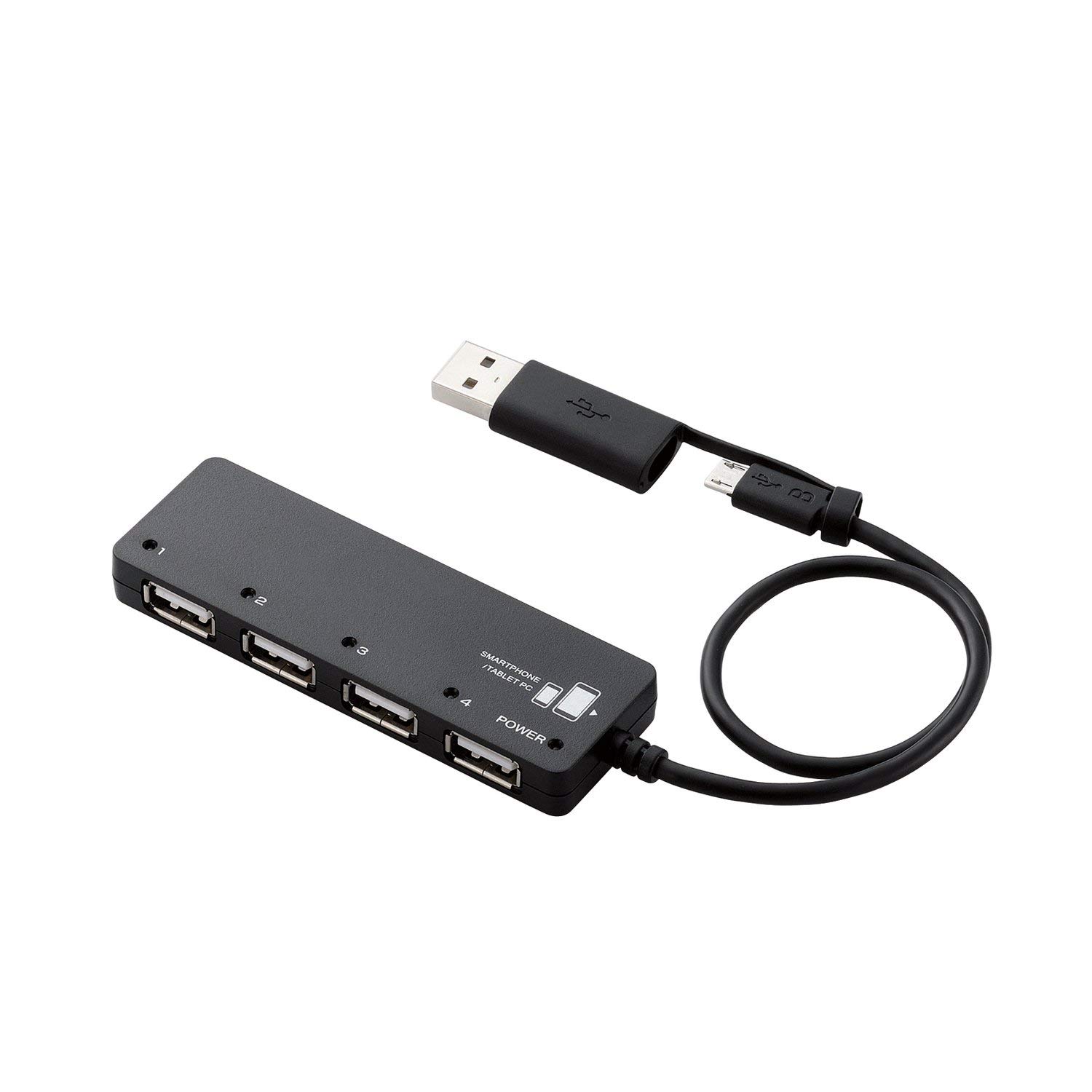 NAエレコム USB2.0 microUSB ハブ 4ポート バスパワーmicroUSBケーブル+変換アダプタ付 ブラック U2HS-MB02-4BBK