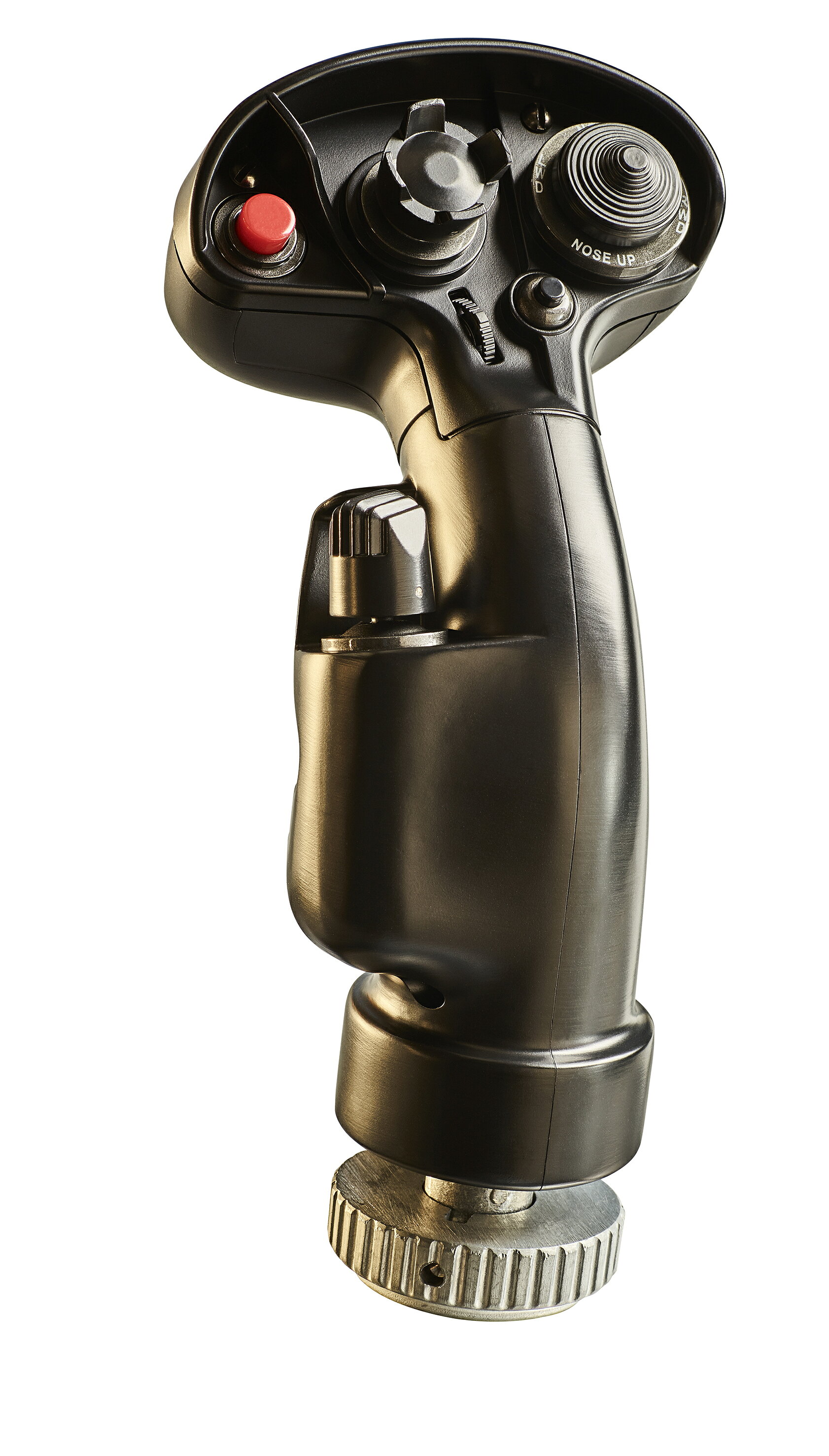 Thrustmaster Military Flight Grip F/A-18C Hornet HOTAS Add-On Grip 戦闘機F/A-18Cの実機を忠実に再現した高精度フライトグリップ ※本商品はグリップ単体です。ベースは別売です。 【主な特徴】 ■ F/A-18C Hornet実機の忠実なレプリカ 米海軍戦闘機F/A-18C Hornetのフライトスティックを正確に再現。 実機さながらの操作感と没入感を提供します。 ■ 金属構造による高耐久・高級感 金属パーツを含む堅牢な構造で、長期間の使用でも安定した操作性を維持。 プレミアムな質感と耐久性を両立しています。 ■ 19アクションボタン + 8方向ハット 武装・視点・操作系を指先で完結できる豊富なボタン構成。 戦闘機シムでの操作性が大幅に向上します。 ■ 人間工学に基づいた快適なグリップ形状 長時間のフライトでも疲れにくい設計。 正確な操作を支える握りやすい形状です。 ■ 幅広い互換性（Warthog / Cougarなど） HOTAS Warthog、HOTAS Cougarなど、Thrustmasterの主要ベースと完全互換。 既存のセットアップにそのまま導入できます。 ■ TARGETソフトウェア対応 ボタン設定・プロファイル作成・動作テストなど高度なカスタマイズが可能。 機体ごとの最適な操作環境を構築できます。 【商品説明】 F/A-18C Hornet HOTAS Add-On Gripは、米海軍戦闘機F/A-18C Hornetの実機スティックを忠実に再現した高精度アドオングリップです。 金属構造による高耐久性とプレミアムな質感、19ボタン＋8方向ハットによる豊富な操作系を備え、戦闘機シムにおける操作性と没入感を大幅に向上させます。 人間工学に基づいたグリップ形状は長時間のフライトでも快適で、武装操作・視点操作・機体制御をすべて指先で完結できます。 HOTAS WarthogやHOTAS CougarなどのThrustmasterベースと完全互換で、既存のセットアップに簡単に統合可能。TARGETソフトウェアによる高度なカスタマイズにも対応しています。 戦闘機のコックピットにいるようなリアルな操作感を求めるユーザーに最適なアドオングリップです。当店について 当店は Thrustmaster（スラストマスター）製品の日本国内ブランドストアです。 Guillemot S.A. から正式な許諾を受けた国内正規品のみを販売し、メーカー基準の保証・アフターサポートに対応しています。