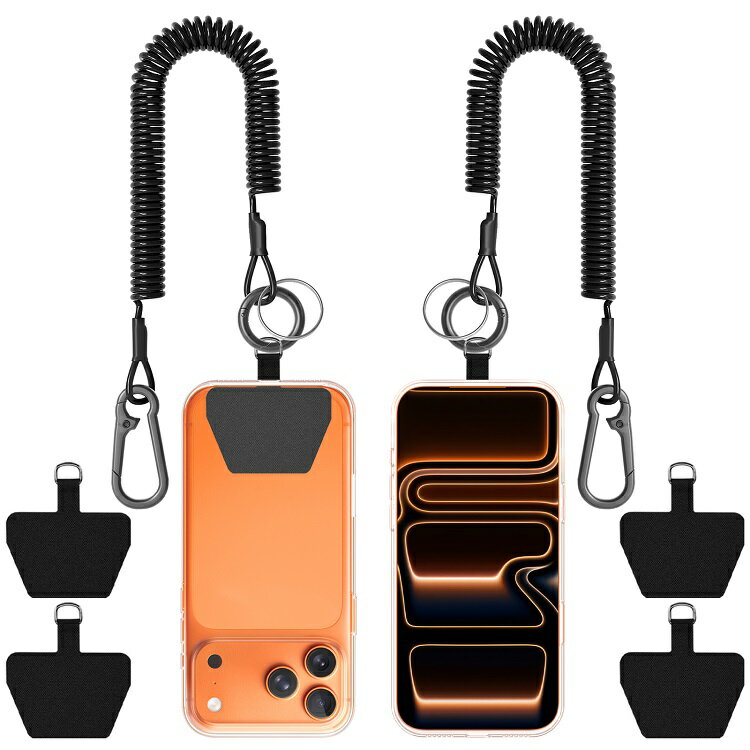 Rakuten - カールコードストラップ 2個セット スマホ ハンドストラップ 弾性伸縮式 タグパッチ 4枚入り 腰掛け 手首掛け お出かけ用 全機種対応 両端クリップ 紛失/盗難/落下防止 買い物/通勤/釣り/キャンプ/ハイキング Black