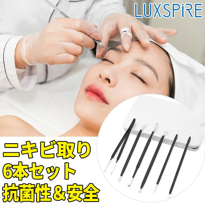 ニキビ取り - Luxspire ニキビ ケア 毛抜き 角栓取り 6本セット 角質・黒ずみ取り 毛穴ケア製品 フェースケア ステンレス製 抗菌 安全 スティック 潰し専用 毛穴ケア専用キット 面皰圧出器 美容ツール すっきり毛穴ケア セット