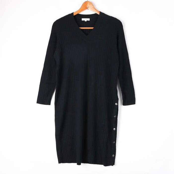 プラステ ニットワンピース リブニット 長袖 膝下丈 Vネック 無地 セオリー レディース Mサイズ ネイビー PLST 【中古】