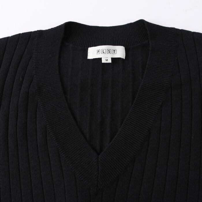プラステ ニットワンピース リブニット 長袖 膝下丈 Vネック 無地 セオリー レディース Mサイズ ネイビー PLST 【中古】