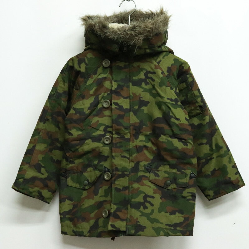 【全品39％OFFクーポン配布中】ハッシュアッシュ ミリタリーコート ファー付き カモフラ柄 アウター キッズ 男の子用 120サイズ カーキ HusHusH 【中古】