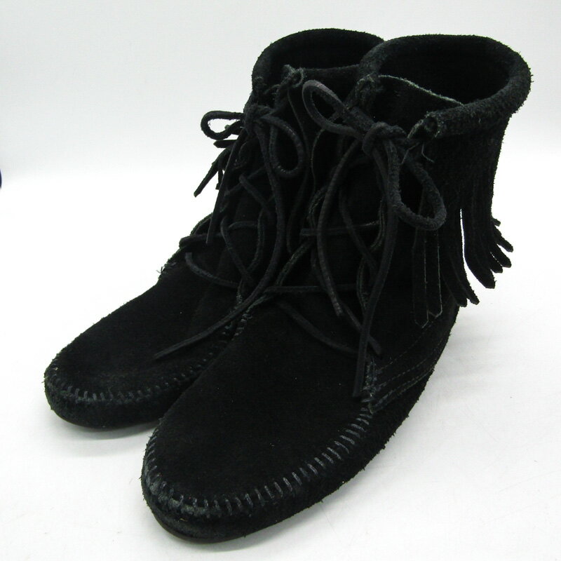 ミネトンカ スウェードブーツ フリンジ ブランド シューズ 靴 黒 レディース 8サイズ ブラック Minneto..